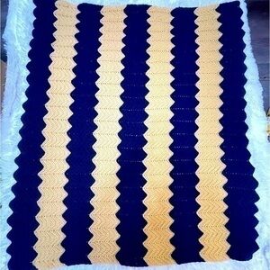 Granny Afghan Blanket, Crocheted Gold Yellow & Dark Blue, Scalloped 4.5 X 3 Feet